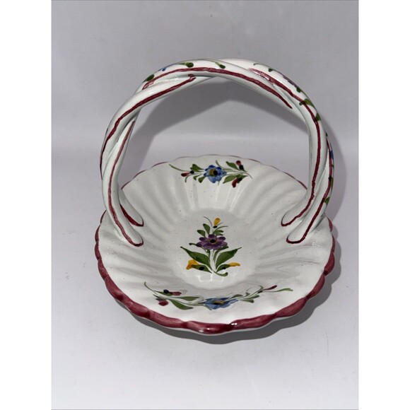 Hand Painted Portugal Pottery Basket with Braided Handle-Signed - Picture 3 of 7